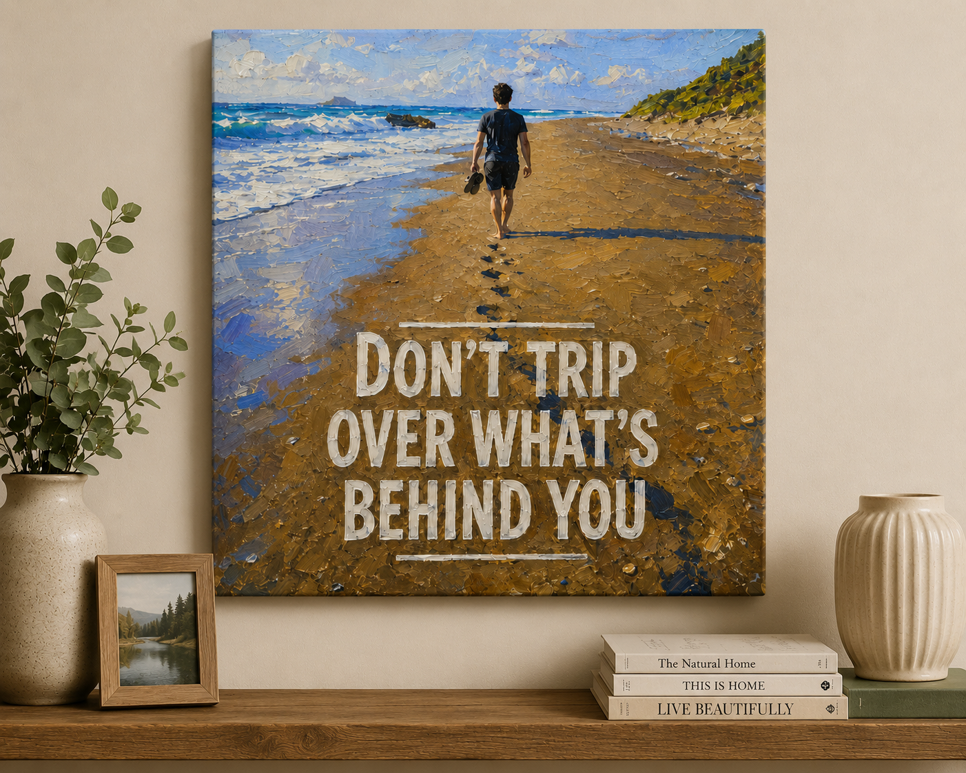 Don't Trip Over What's Behind You – Inspirational Coastal Wall Art on 10"X10"X.75" Canvas