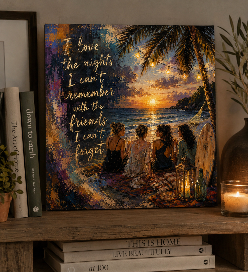 I Love the Nights I Can't Remember – Coastal Friendship on 8"x8"x.75" Canvas