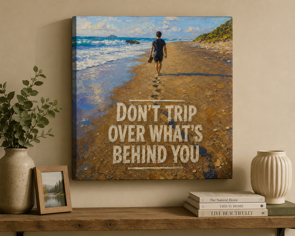 Don't Trip Over What's Behind You – Inspirational Coastal Wall Art on 10"X10"X.75" Canvas